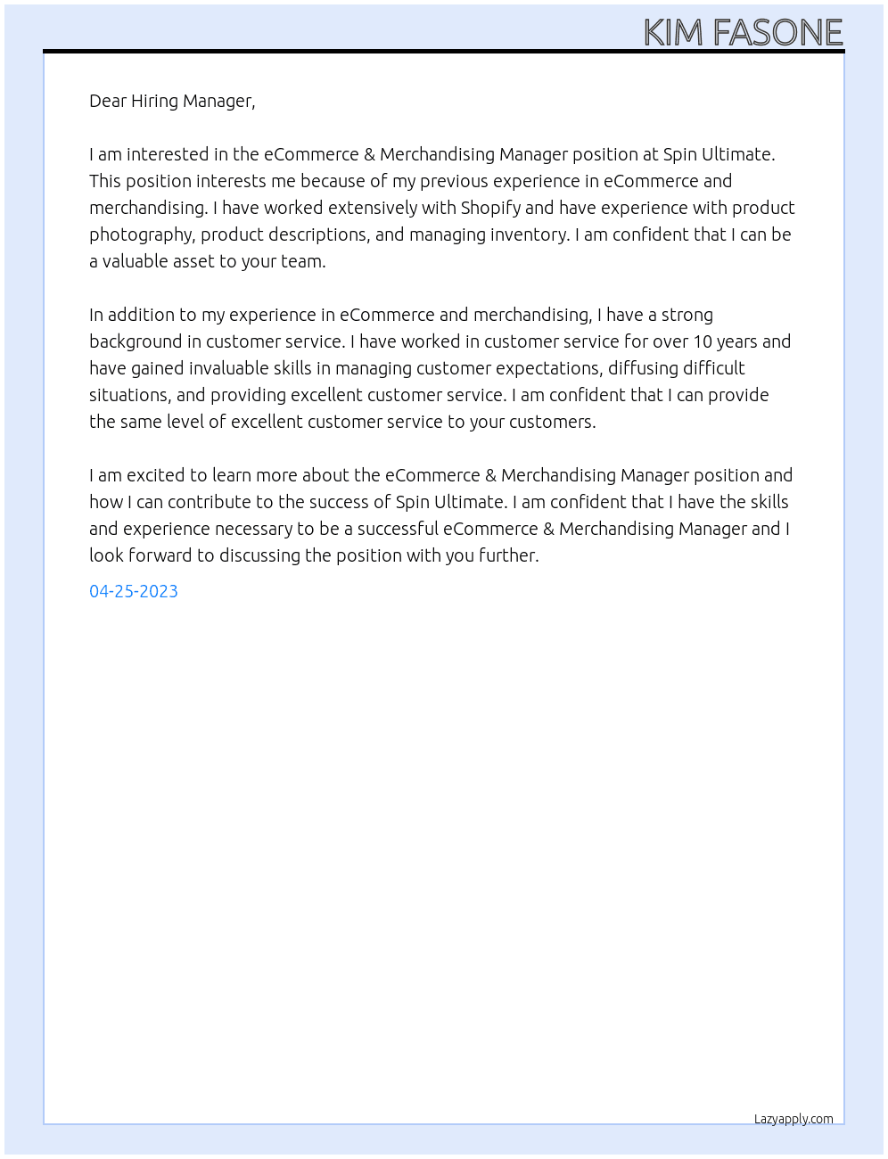 eCommerce & Merchandising Manager At Spin Ultimate Cover Letter