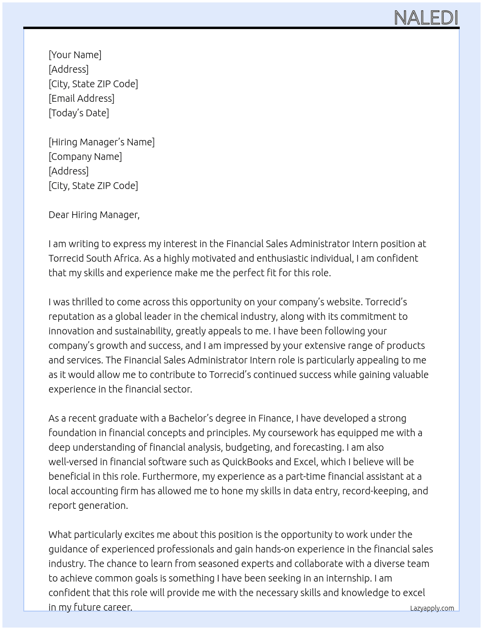 Financial Sales Administrator Intern At Torrecid South Africa Cover Letter