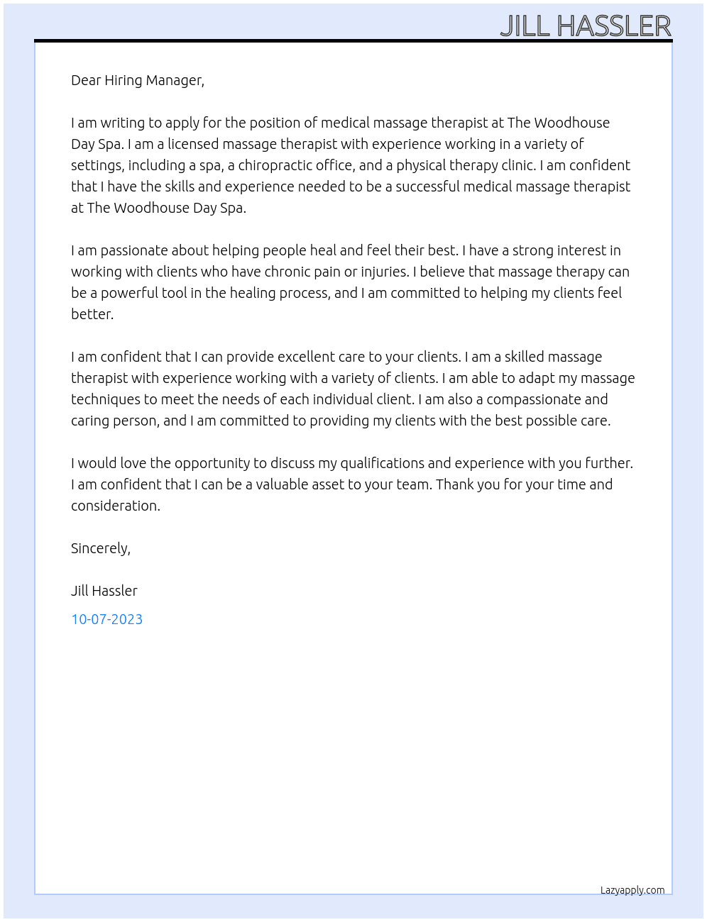 Medical massage therapist  At The Woodhouse Day Spa Cover Letter