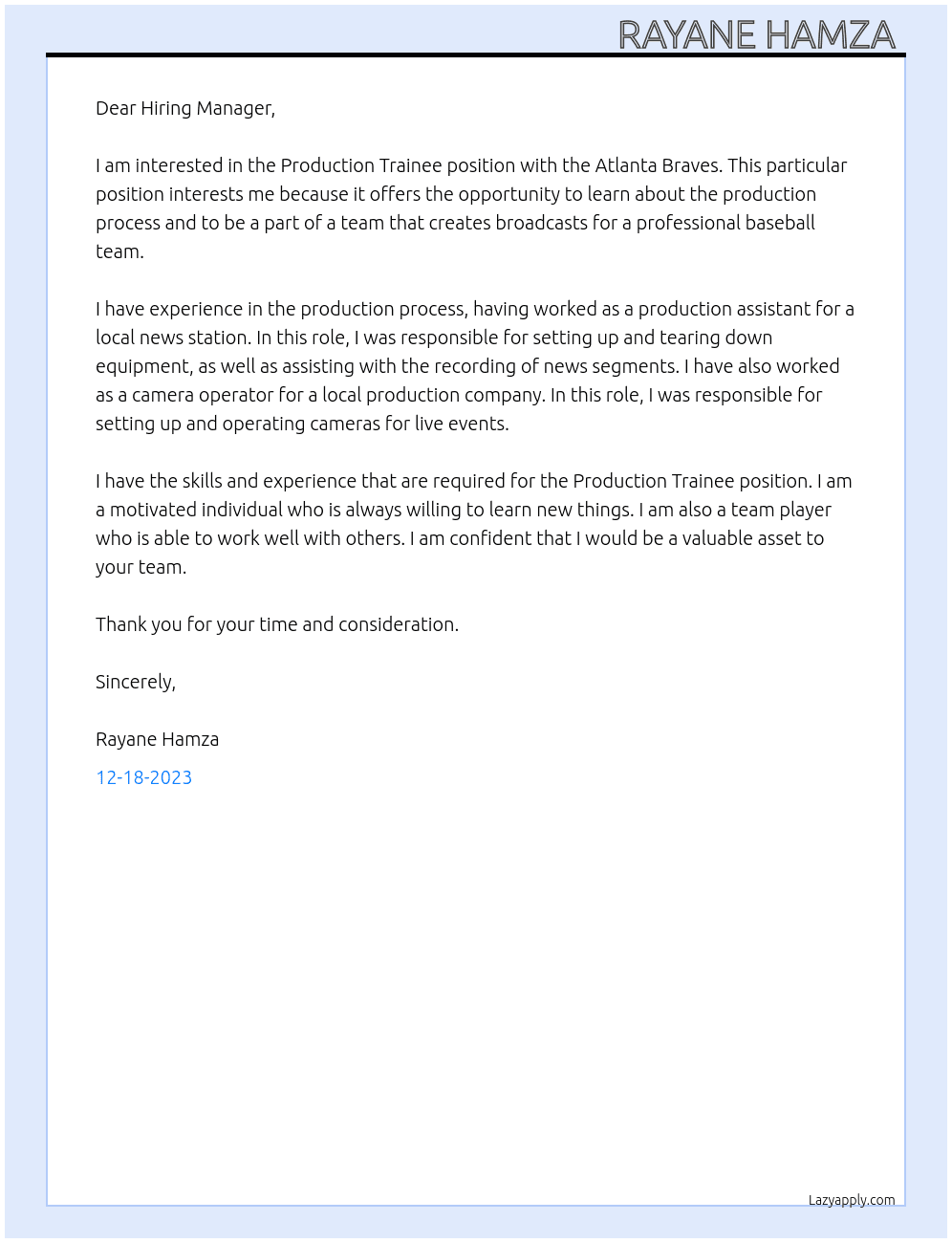 Production Trainee At Atlanta Braves Cover Letter