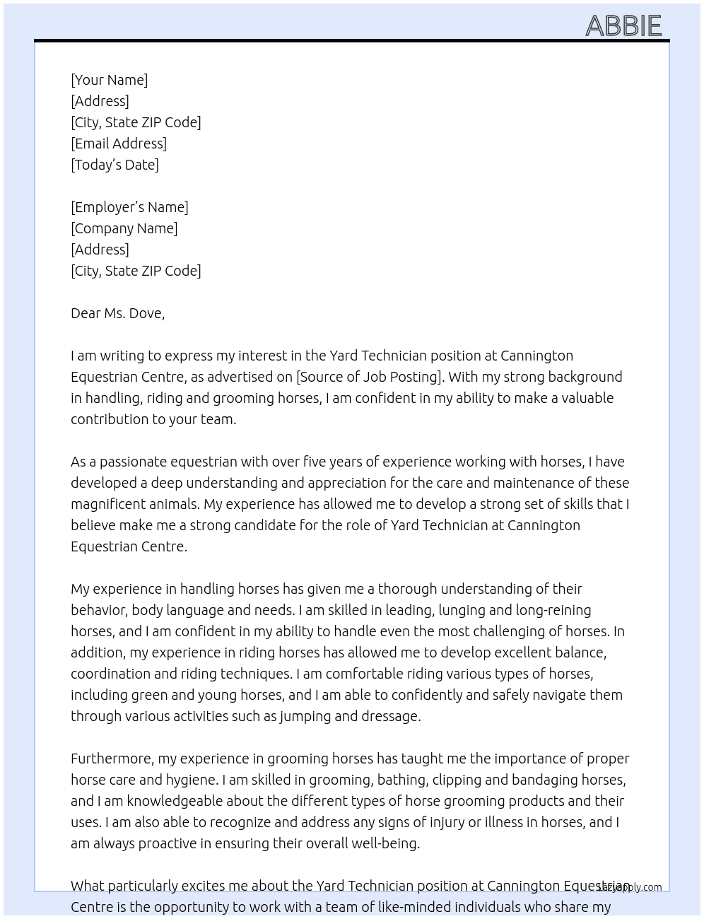 Yard technician  At Cannington equestrian centre  Cover Letter