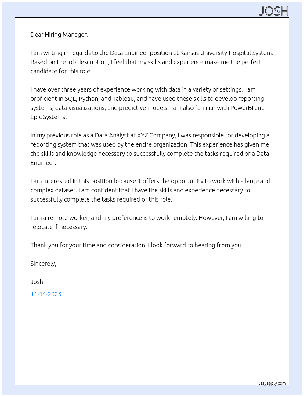 Data Engineer At Kansas University Hospital System Cover Letter