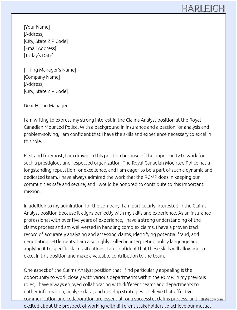 Claims Analyst At Royal Canadian Mounted Police Cover Letter
