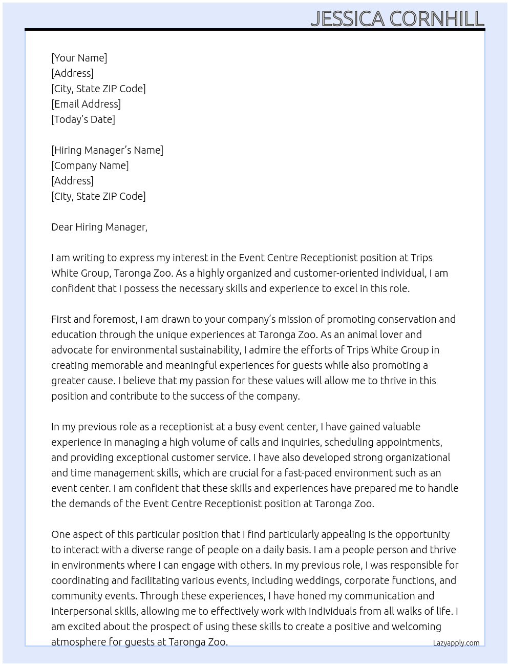 Event centre receptionist  At Trips White Group, Taronga Zoo Cover Letter