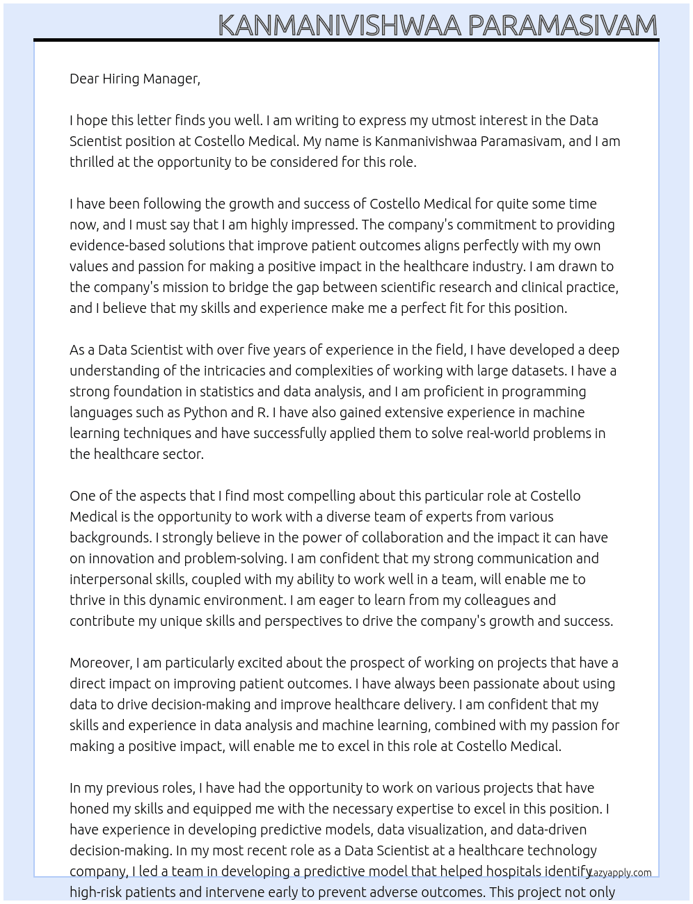 Data Scientist At Costello Medical Cover Letter