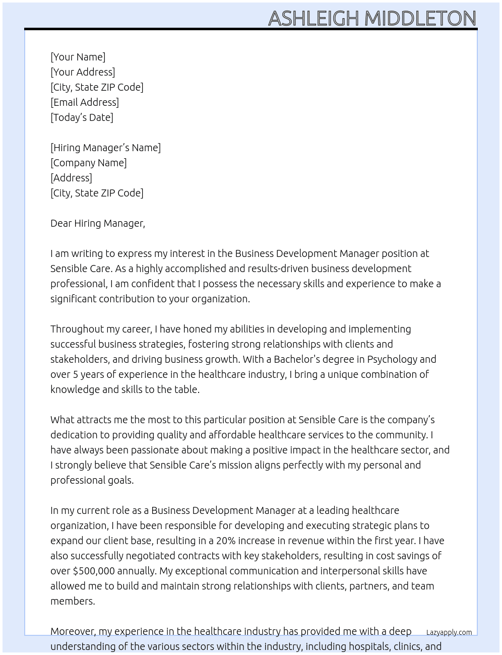 Business Development Manager  At Sensible Care Cover Letter