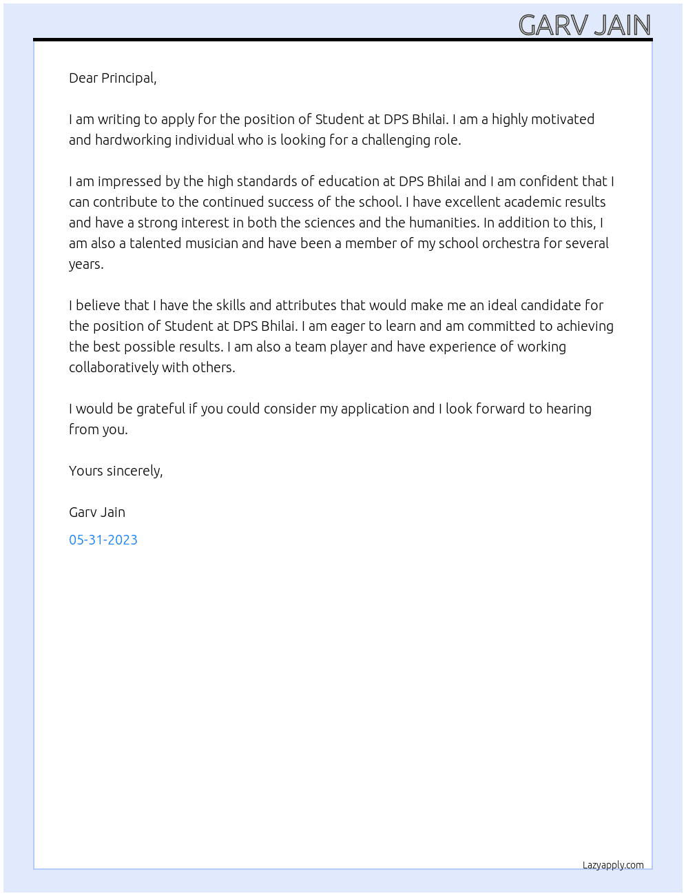 Student At DPS Bhilai Cover Letter