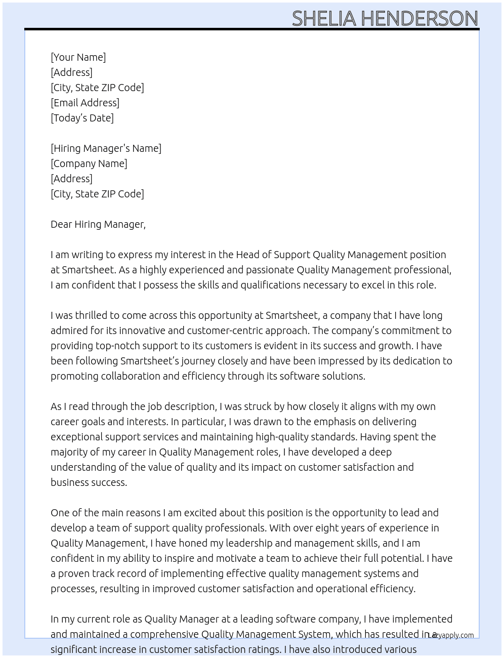 Head of Support Quality Management At Smartsheet Cover Letter