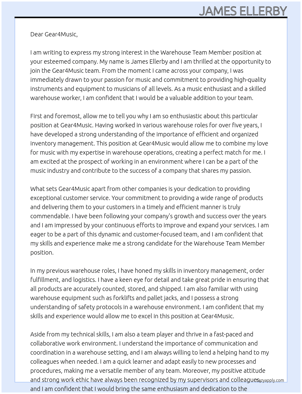 Warehouse Team Member At Gear4Music Cover Letter