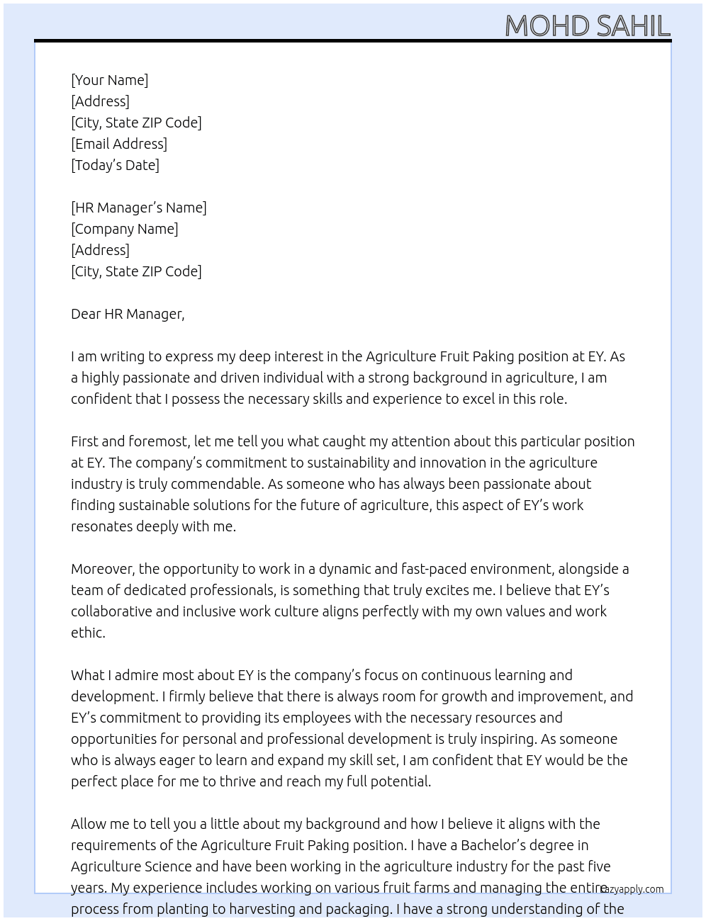 Agriculture Fruit Paking  At EY Cover Letter