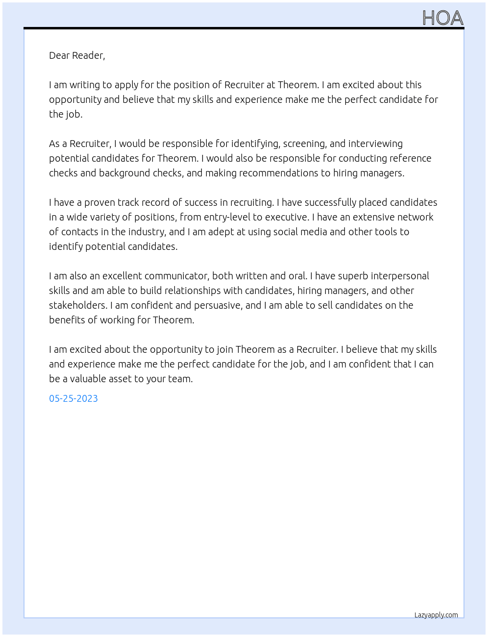 Recruiter At Theorem Cover Letter