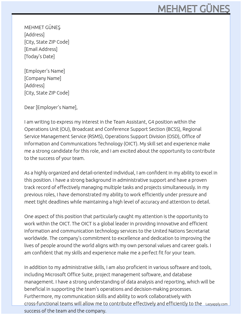 Cover letter for team assistant, g4 - LazyApply