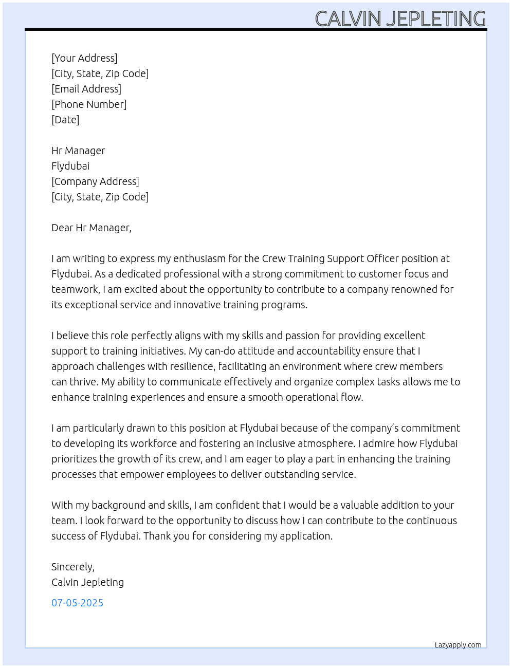 Cover letter for crew training support officer - LazyApply