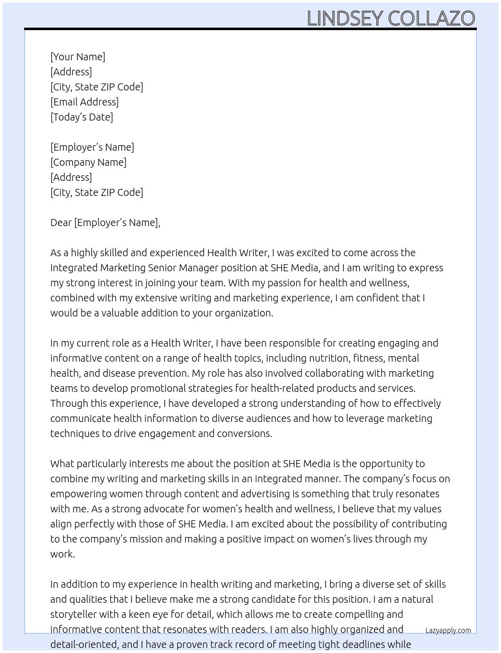 Health Writer At SHE Media Cover Letter