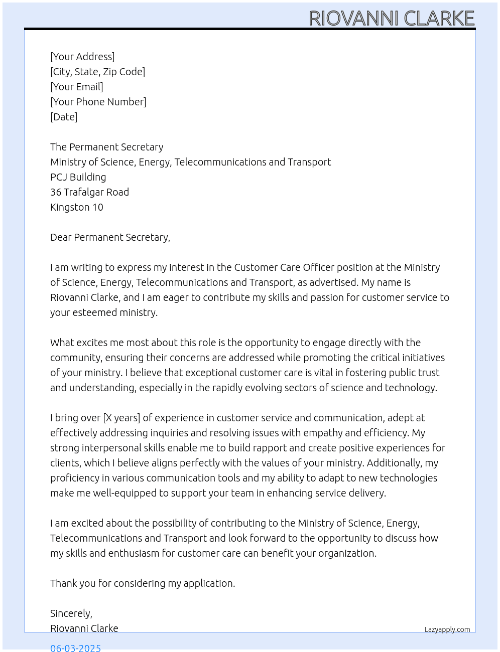 Cover letter for customer care officer - LazyApply