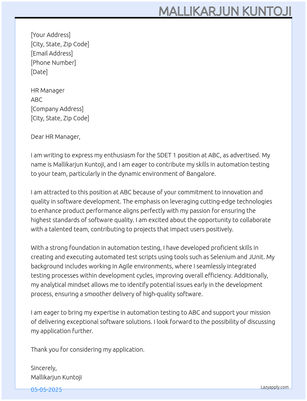 SDET 1 At ABC Cover Letter