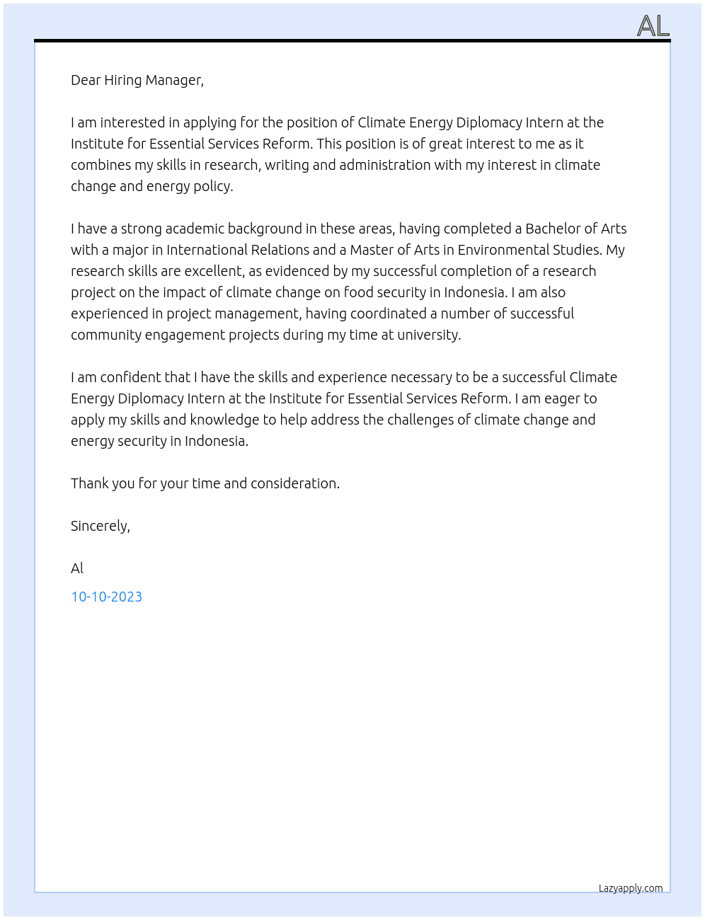 Climate Energy Diplomacy Intern At Institute for Essential Services Reform Cover Letter