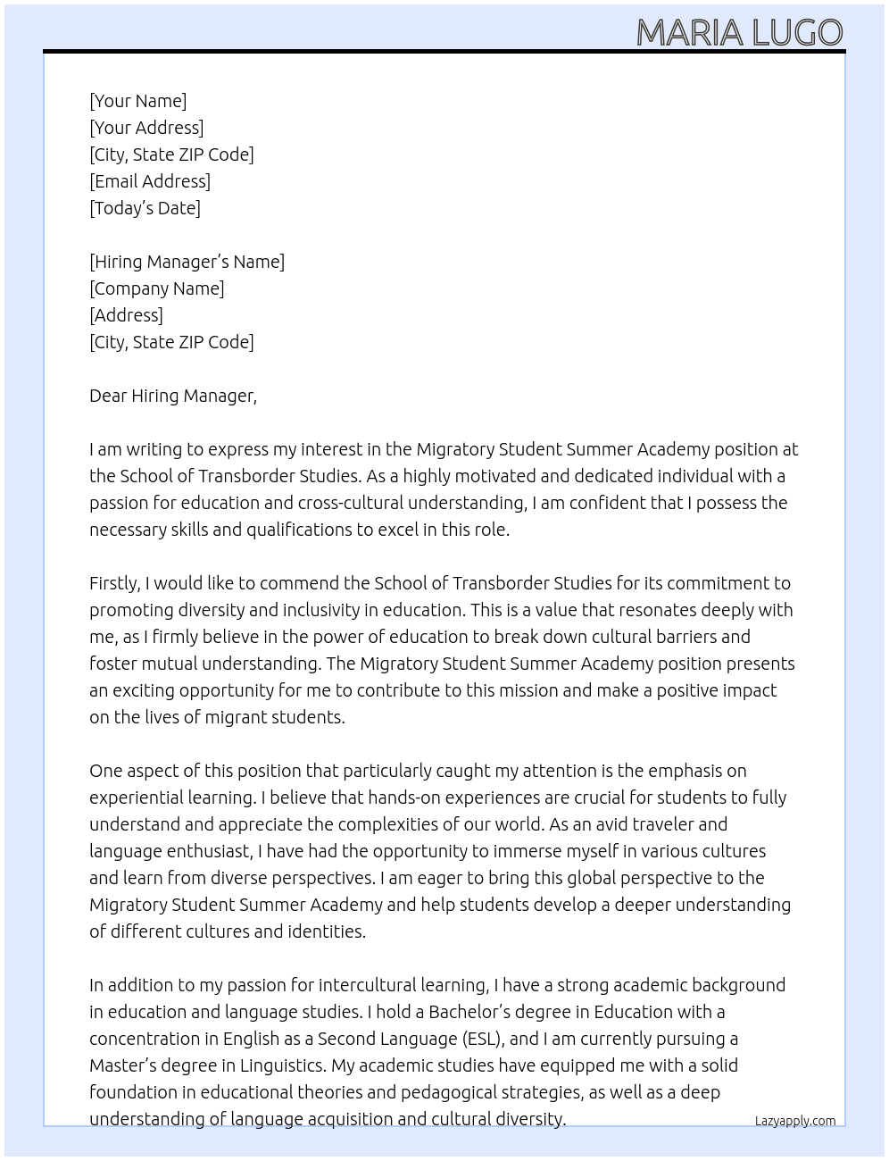 Migratory Student Summer Academy At School of Transborder Studies Cover Letter