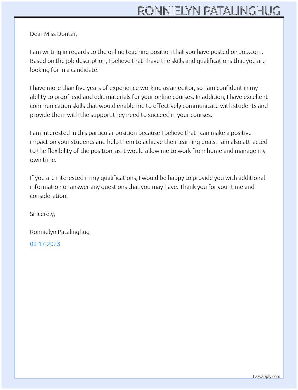 Online teacher  At Job  Cover Letter