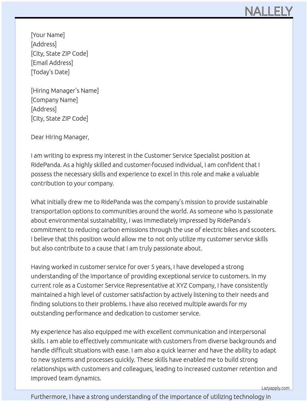 Customer Service Specialist  At RidePanda Cover Letter