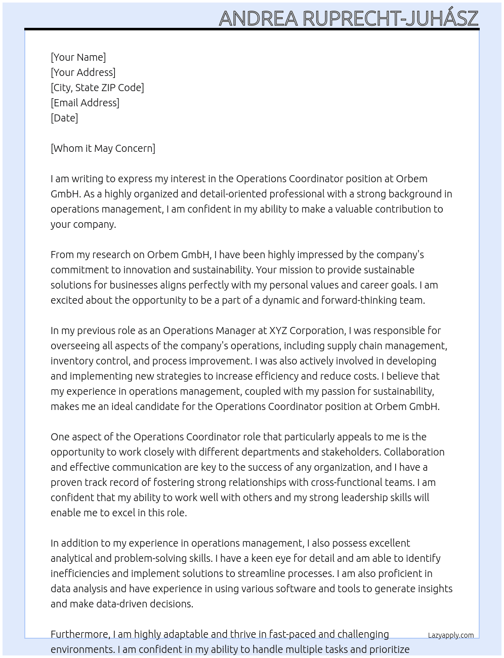 Operations Coordinator At Orbem GmbH Cover Letter