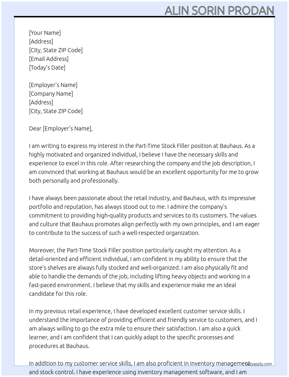 Part-Time Stock Filler At Bauhaus Cover Letter
