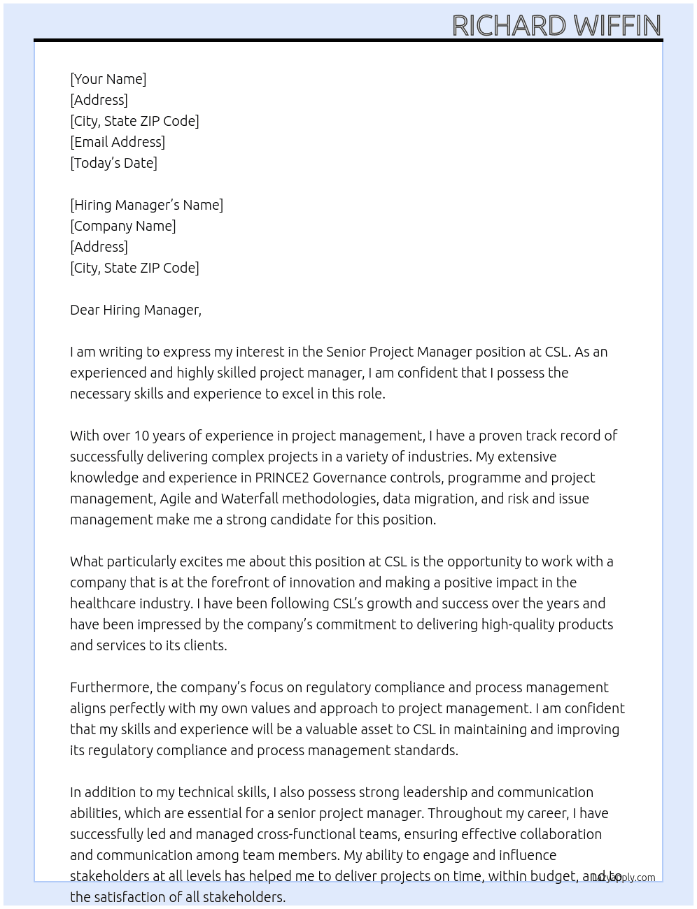 Senior Project Manager At CSL Cover Letter