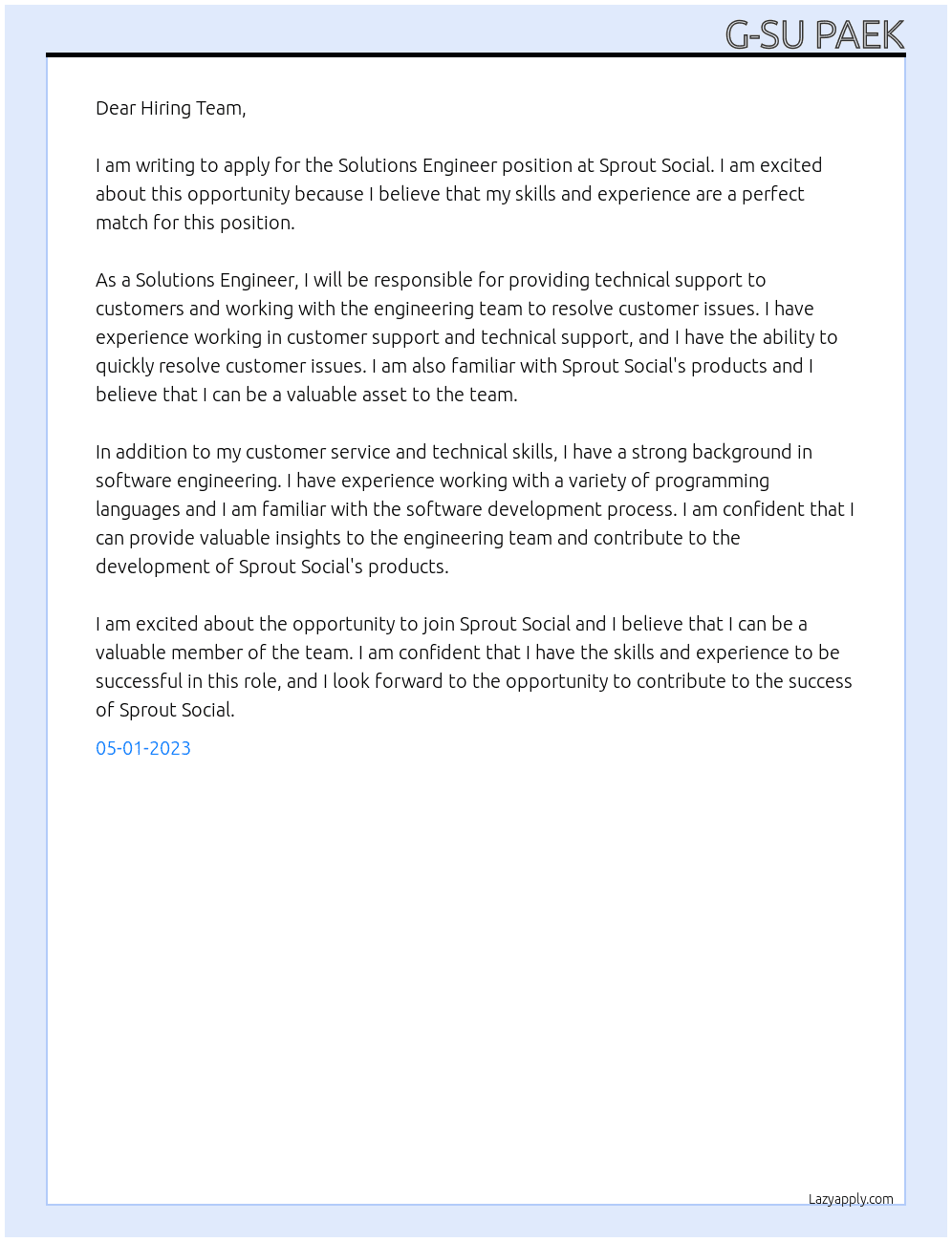 Solutions Engineer At Sprout Social Cover Letter