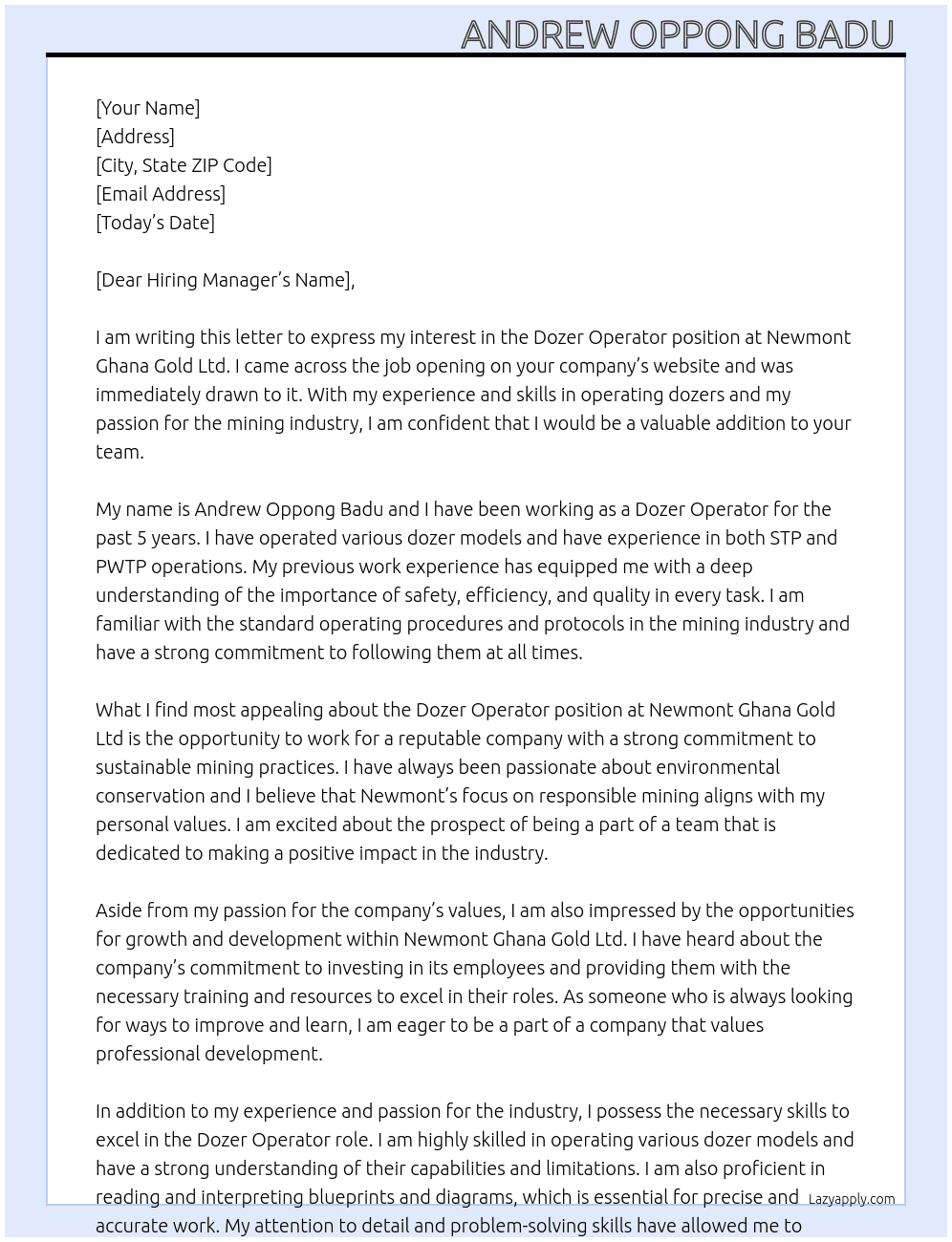 DOZER OPERATOR (STP/PWTP OPERATOR) At NEWMONT GHANA GOLD LTD Cover Letter