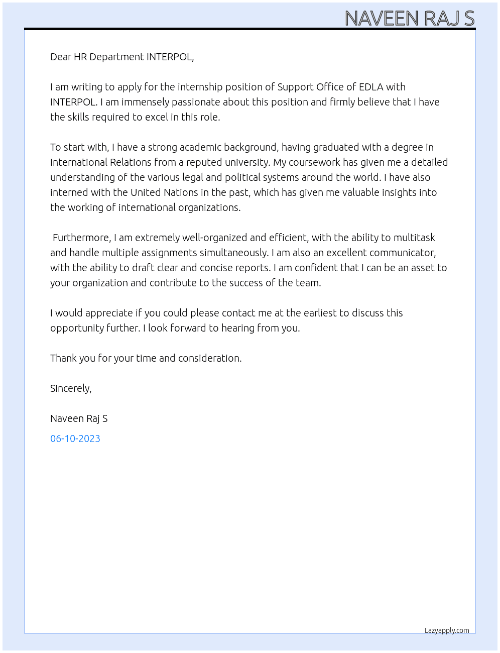 INTERNSHIP - Support Office of EDLA At Interpol Cover Letter