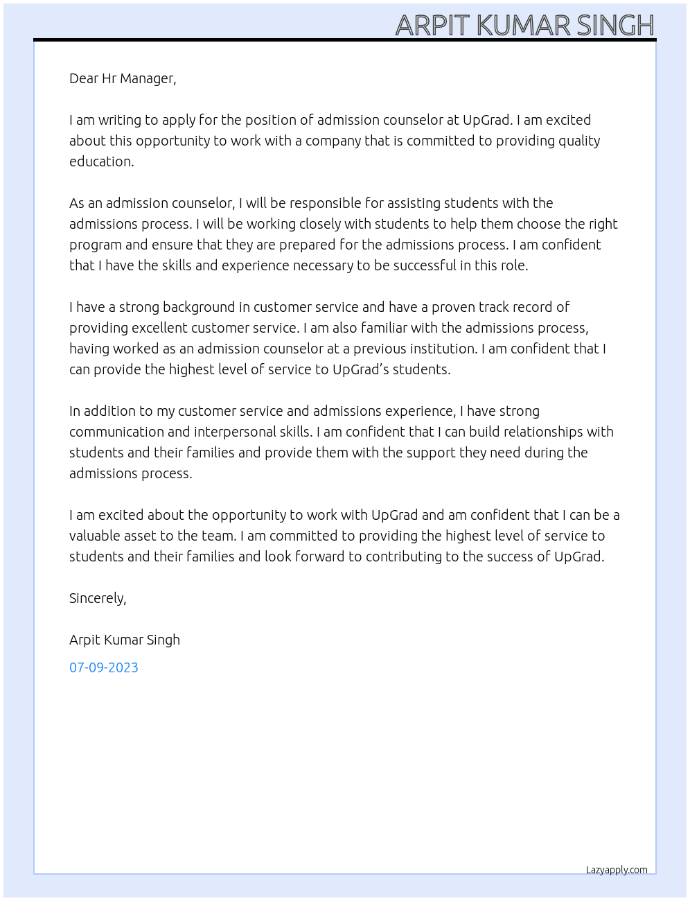 admission counselor At UpGrad Cover Letter