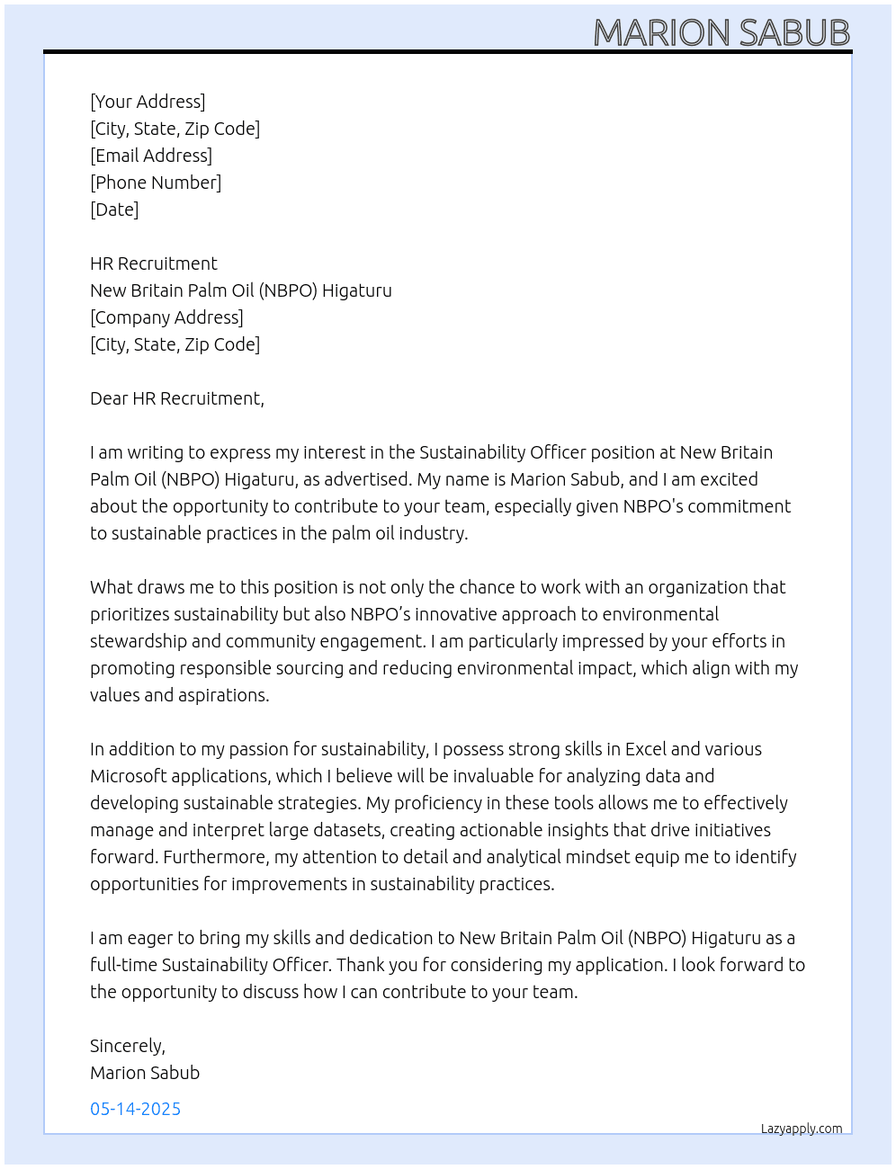 Cover letter for sustainability officer - LazyApply