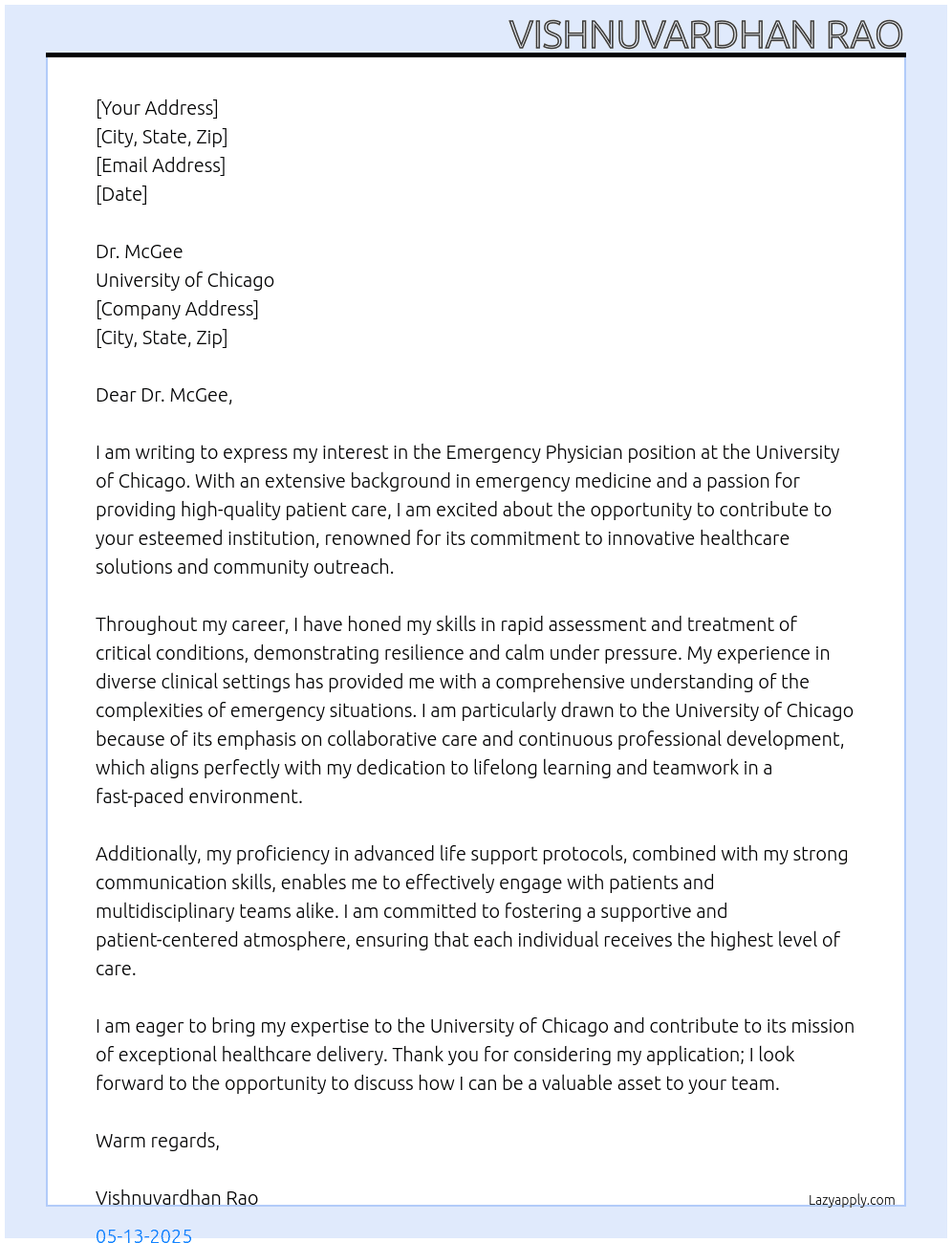 Emergency Physician At University of Chicago  Cover Letter
