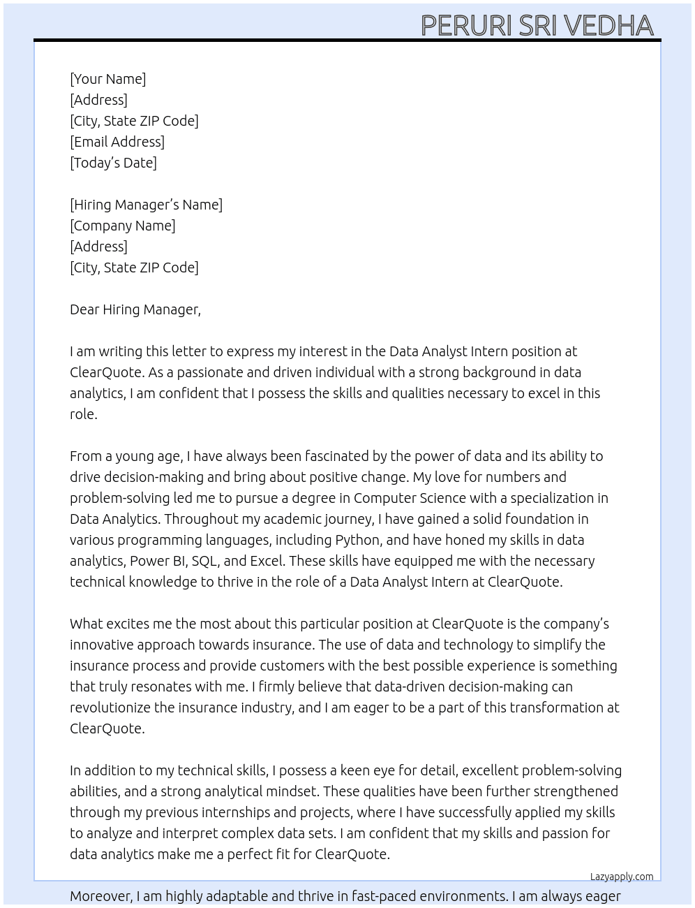 Data Analyst Intern  At ClearQuote  Cover Letter