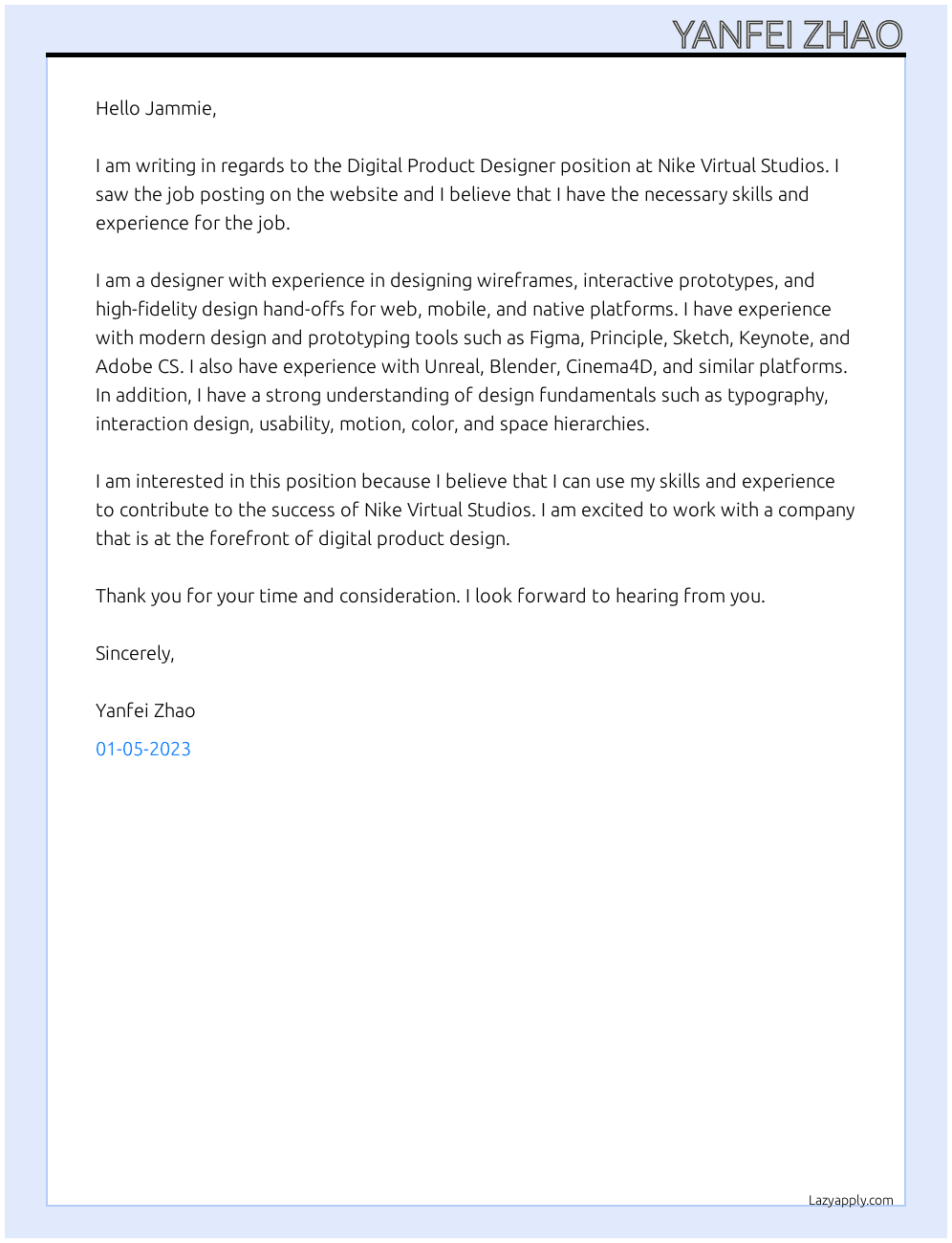 Digital Product Designer At Nike Virtual Studios Cover Letter