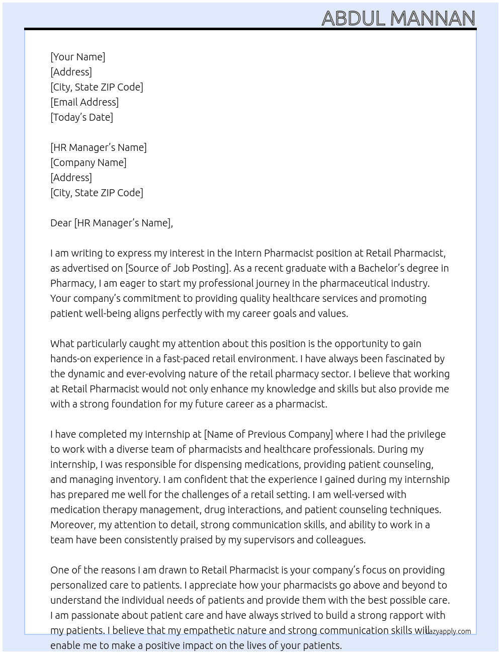 intern pharmacist At retail pharmacist Cover Letter