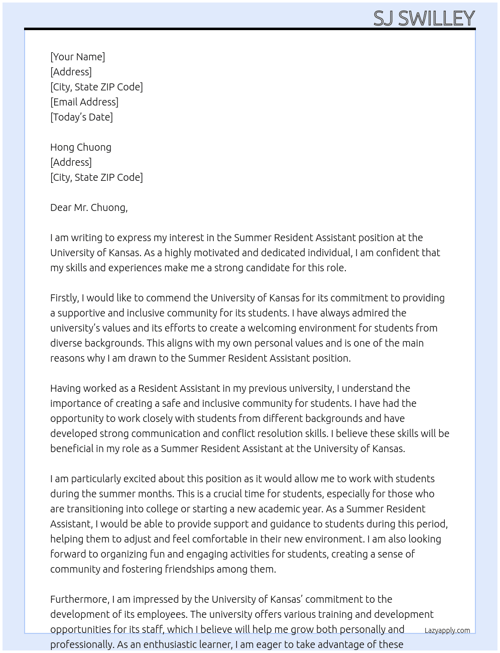 Summer Resident Assistant At University of Kansas Cover Letter