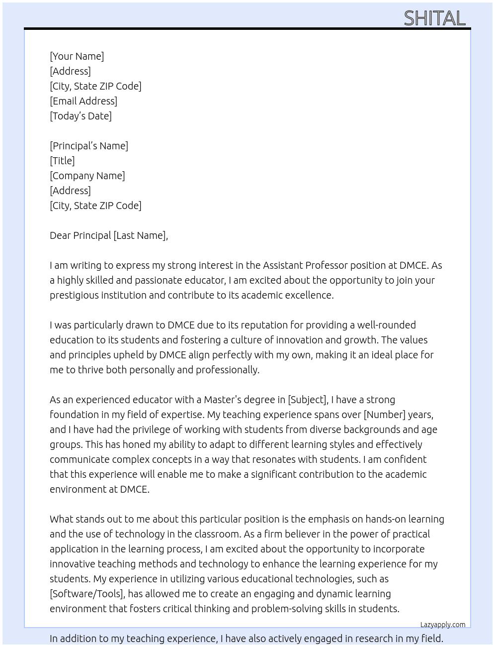 Assistant Professor  At DMCE Cover Letter
