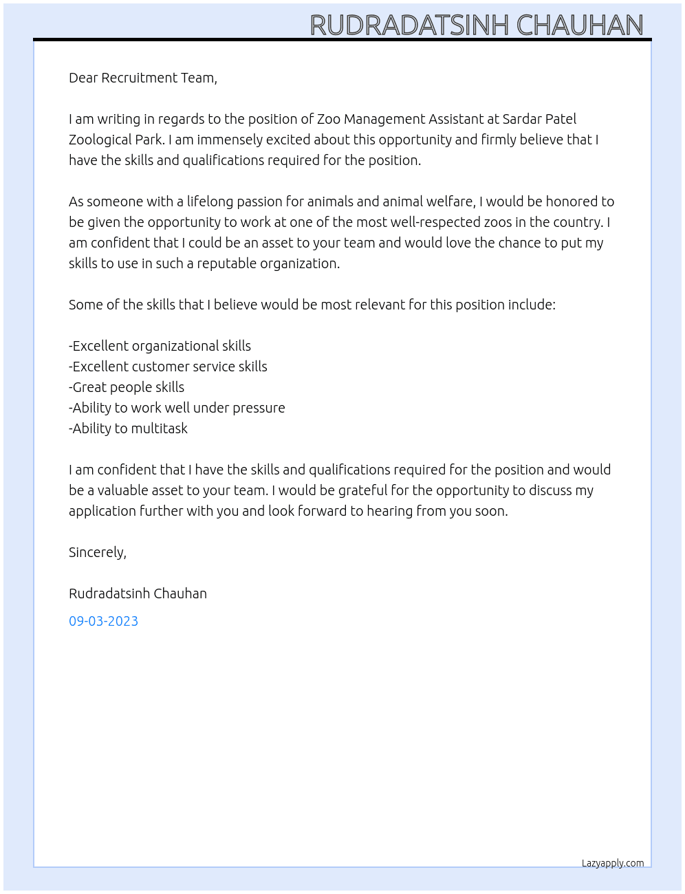 Zoo Management Assistants At Sardar Patel Zoological Park  Cover Letter