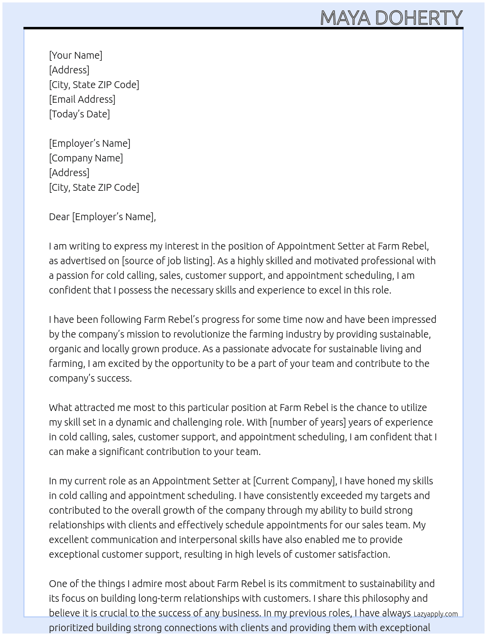 Appointment Setter At Farm Rebel Cover Letter