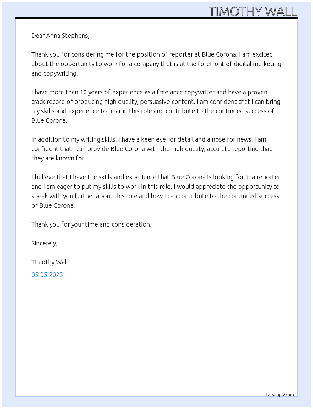 reporter At Blue Corona Cover Letter