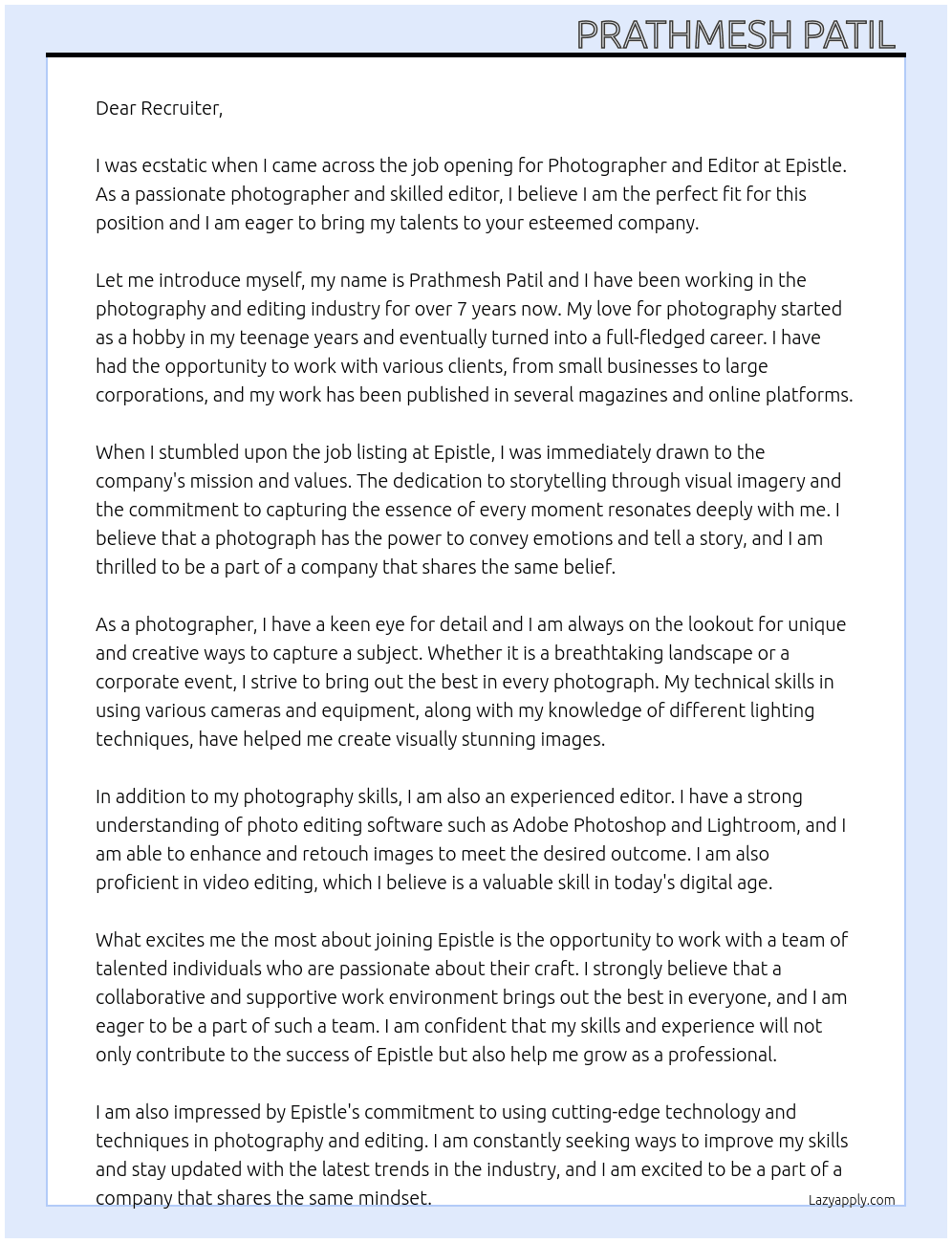 Photographer, editor At Epistle  Cover Letter