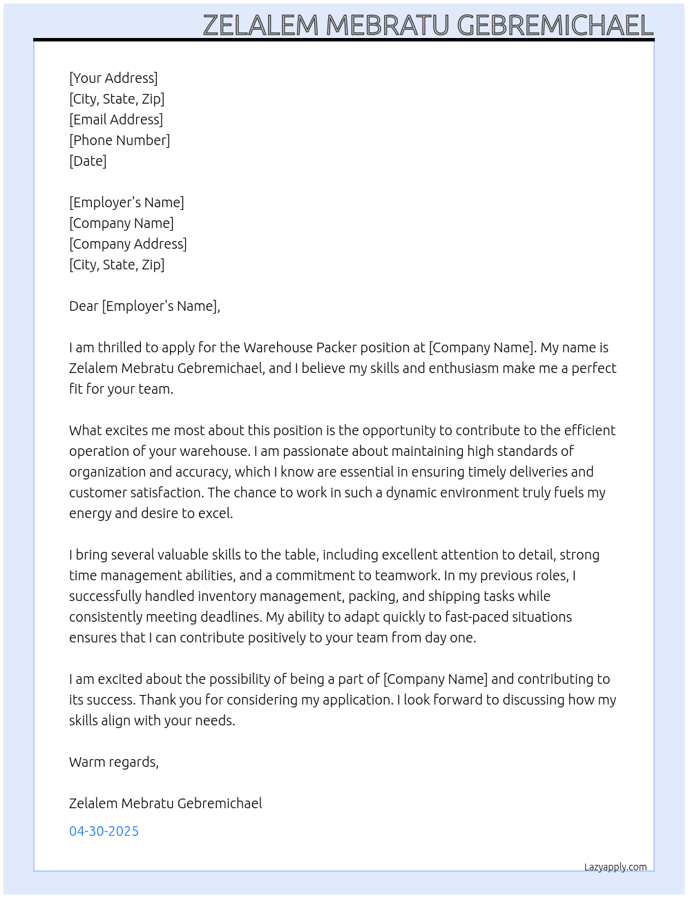 warehouse packer  At company  Cover Letter