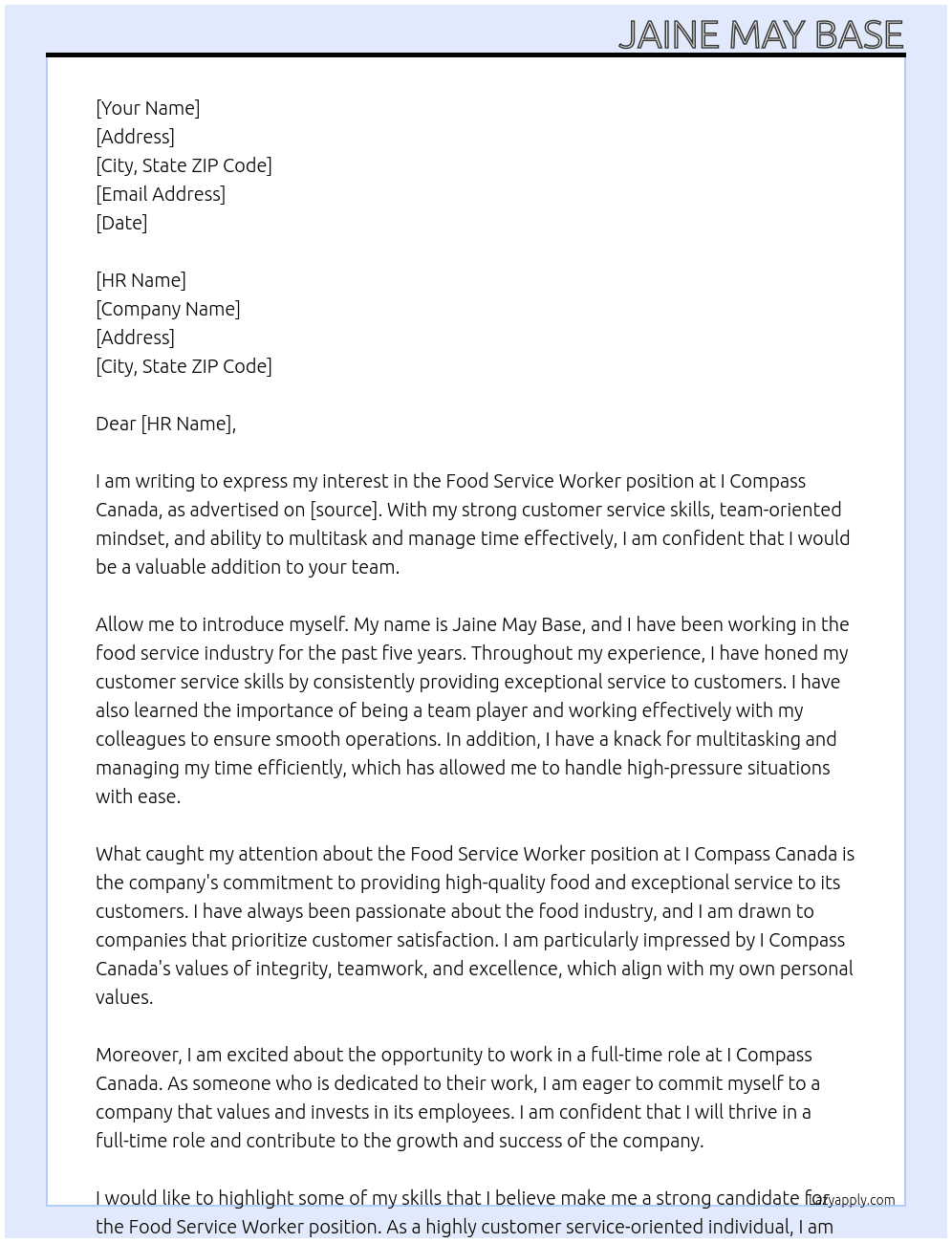 Food service worker At I compass canada Cover Letter