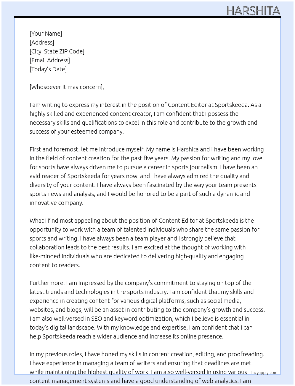 Content Editor At Sportskeeda Cover Letter