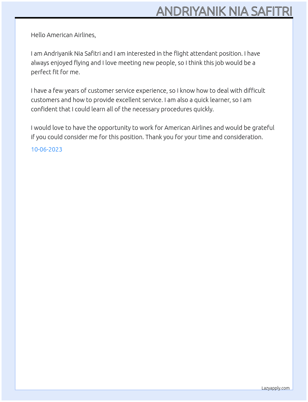 flight attendent At American Airlines Cover Letter