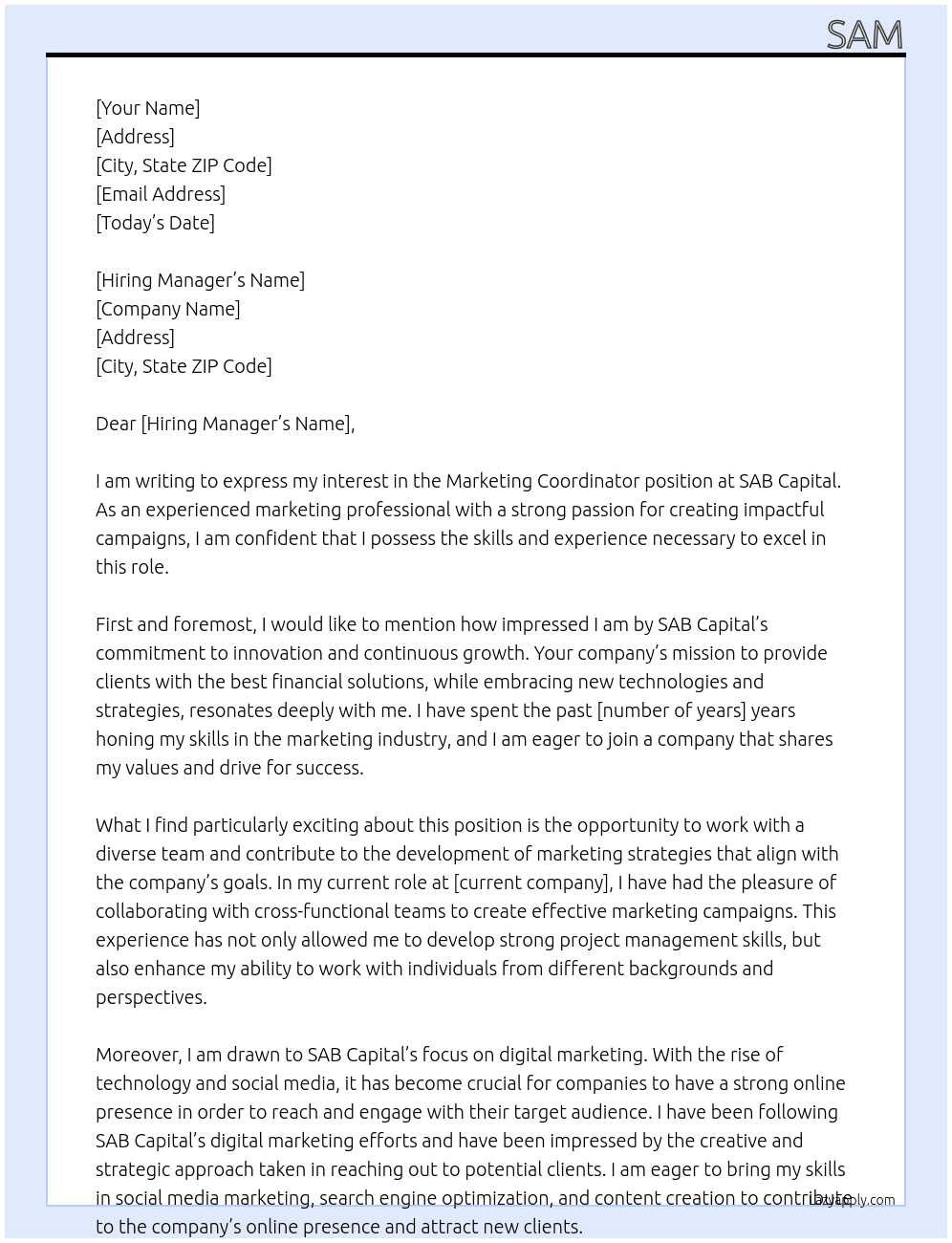 Marketing Coordinator At SAB Capital Cover Letter