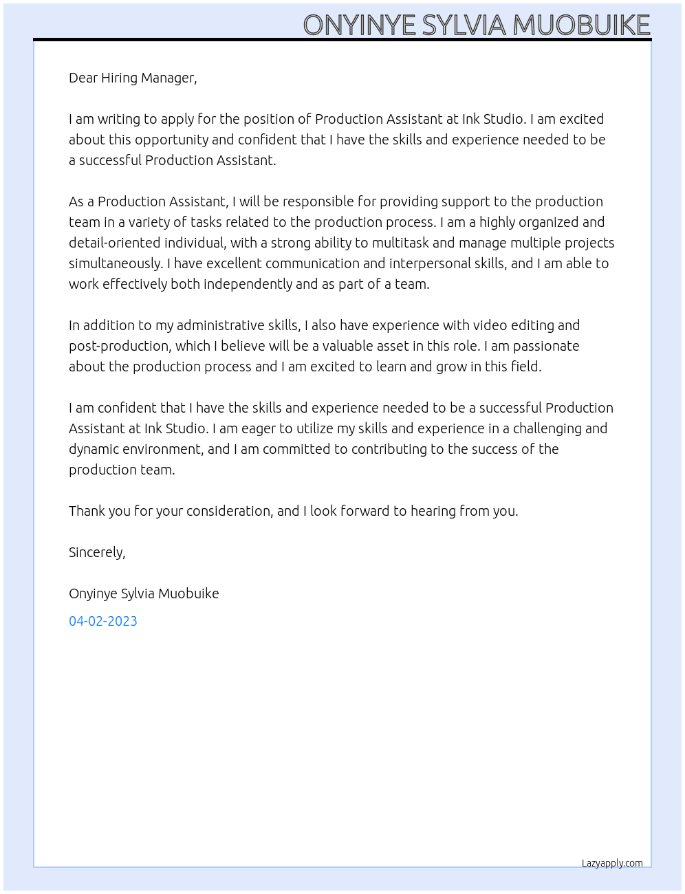 Production assistant At Ink Studio Cover Letter