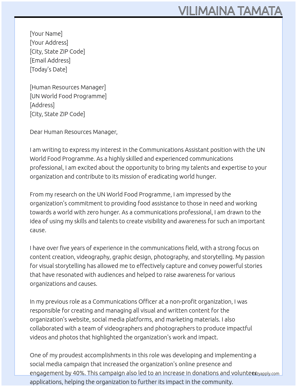 Communications Assistant At UN World Food Programme Cover Letter