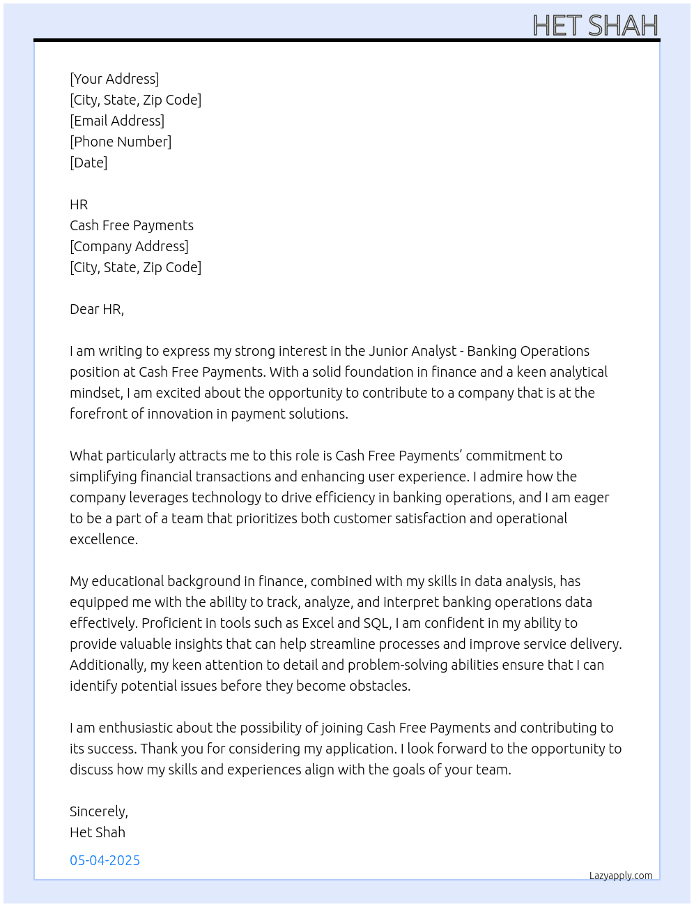 Junior Analyst - Banking Operations At Cash Free Payments Cover Letter